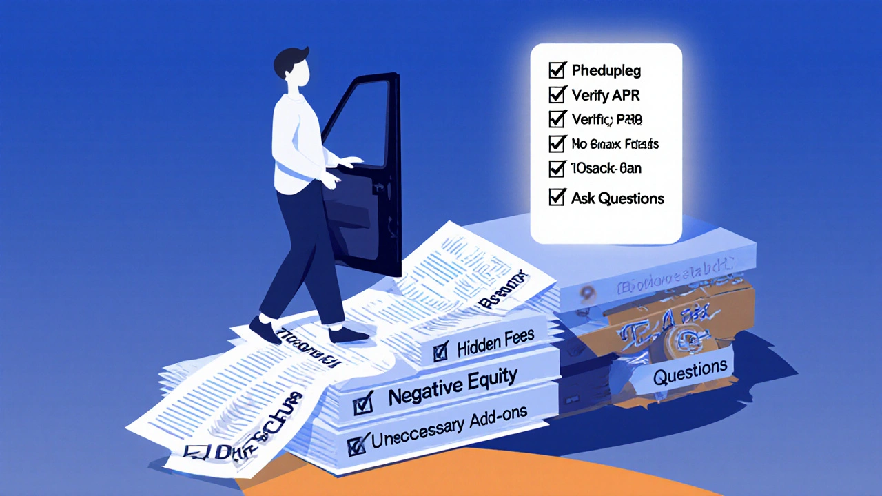 Person hesitating at car door, standing on a slope of finance paperwork, with a glowing checklist above symbolizing informed decision-making.