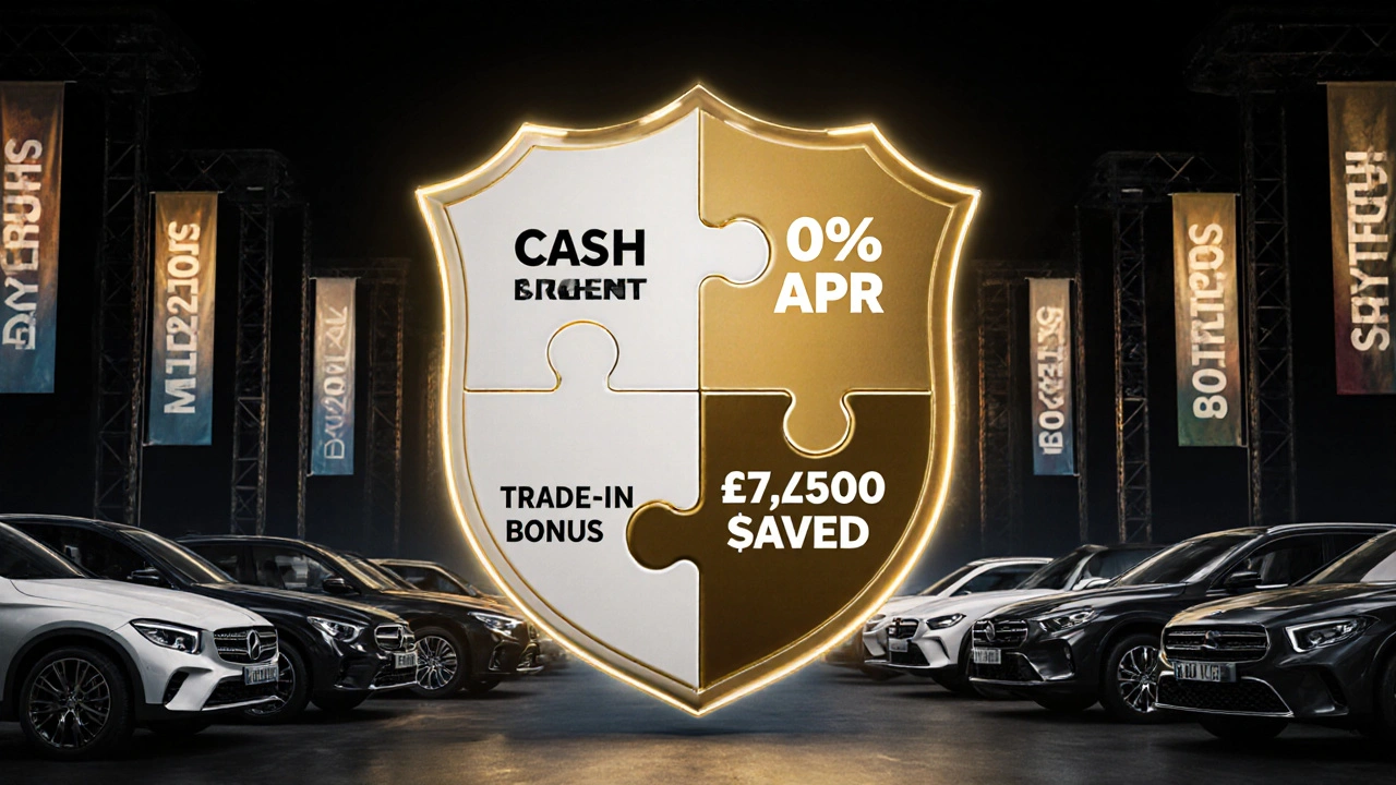 Puzzle pieces forming a shield labeled &#039;£7,500 Saved&#039; with car incentive symbols.