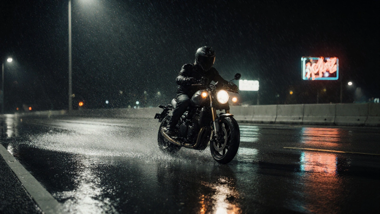 Rider braking on wet highway at night with ABS pulsing, oil slick shimmering under streetlights.