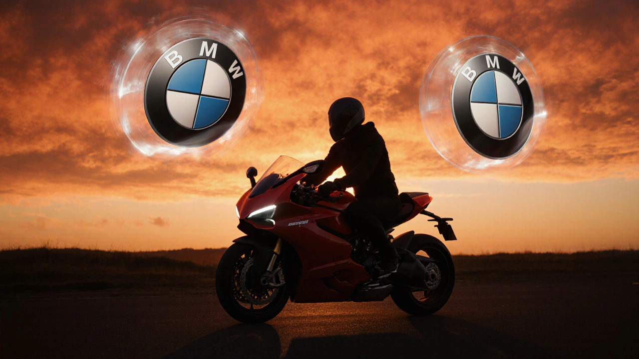Rider on Ducati at dusk with transparent BMW logo hovering behind like a ghostly corporate presence.
