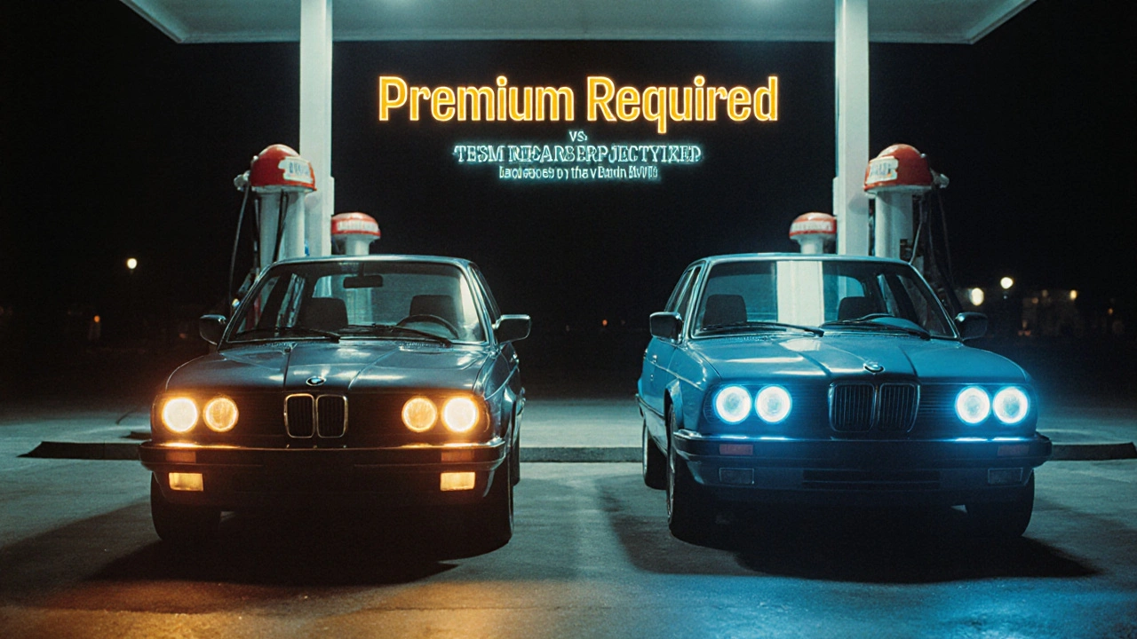 Side-by-side classic cars at gas station, one glowing with premium label, the other with regular, vintage ad style.