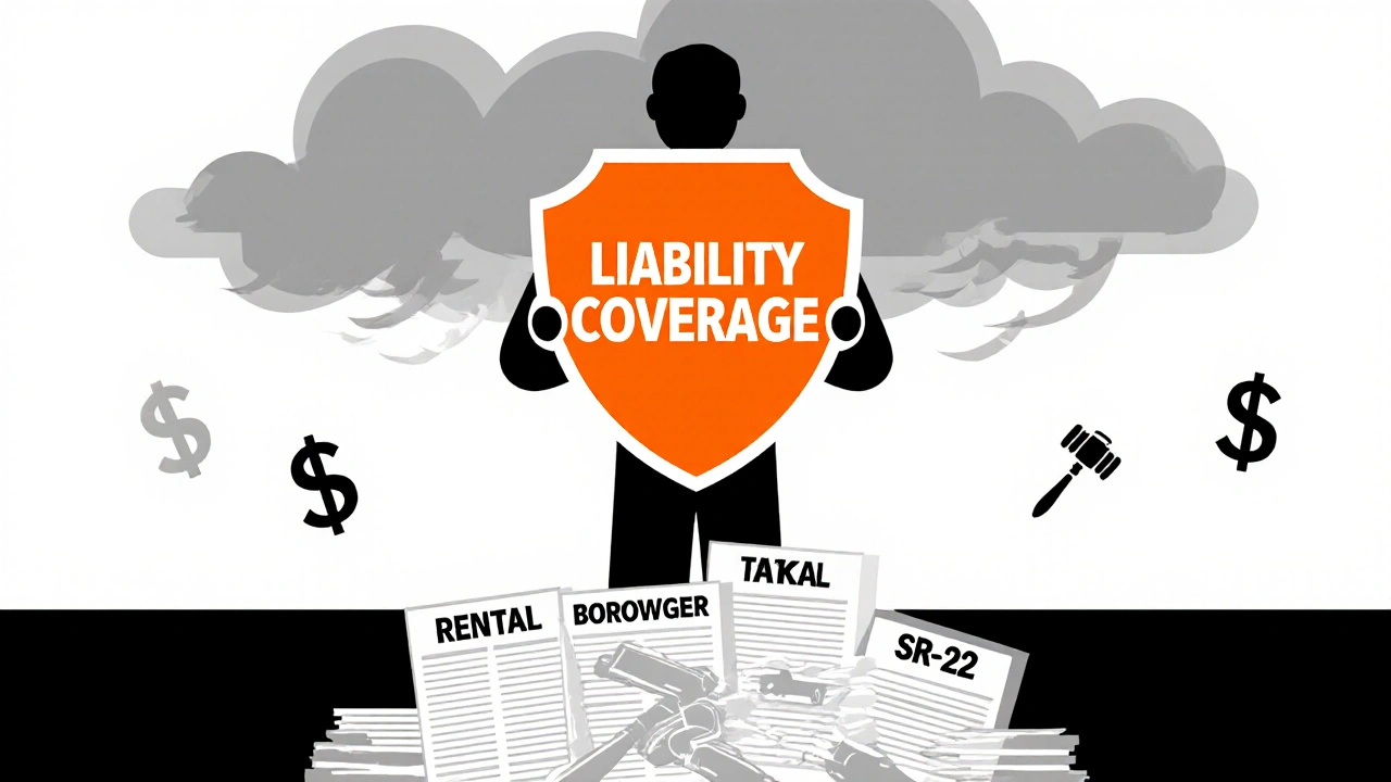 Silhouette holding liability shield amid legal and financial symbols.