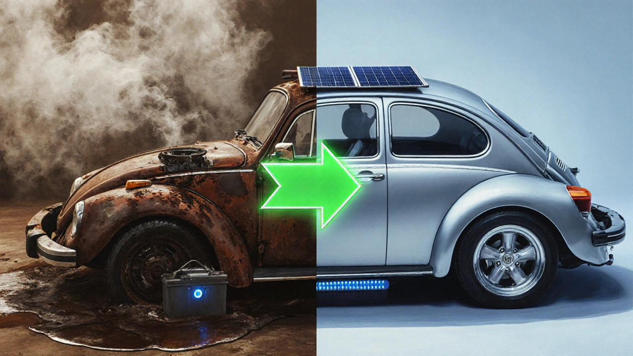 Split image: a rusty gas Beetle on one side, a sleek electric version on the other, symbolizing transformation.