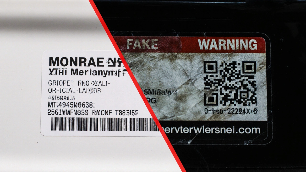 Split image comparing authentic and fake vehicle window stickers with warning contrast.