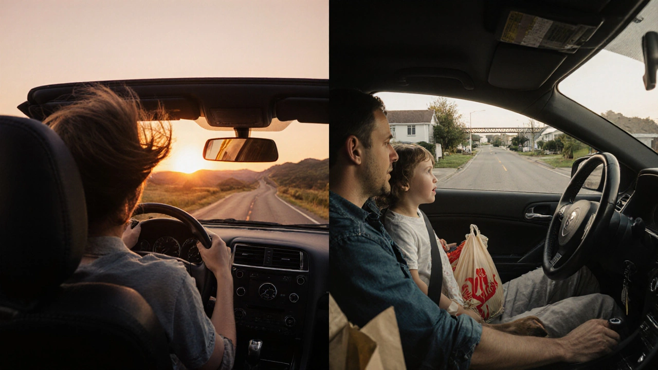 Split image showing a driver enjoying a winding road in a coupe, then same person driving a sedan with family and gear.