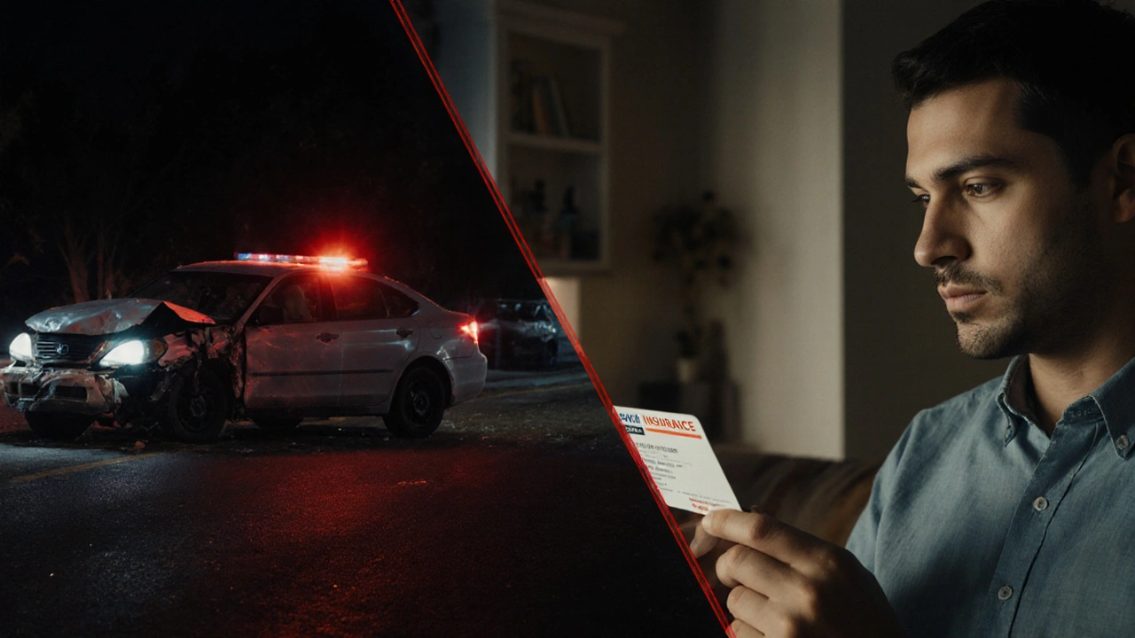 Split-screen showing car accident and person reviewing insurance card.
