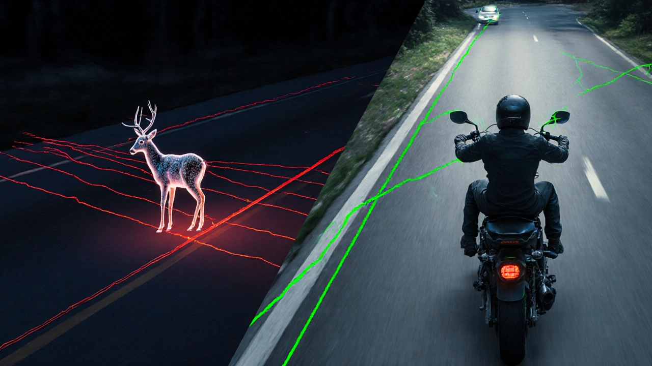Split visual field showing dangerous fixation versus safe escape path for motorcyclist.