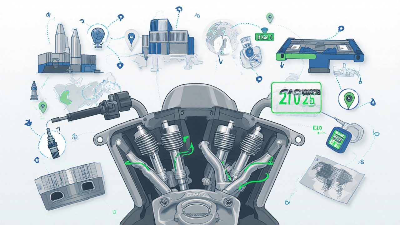 Technical cross-section of motorcycle engine showing harmonized EURO 5 and EPA 2025 components.