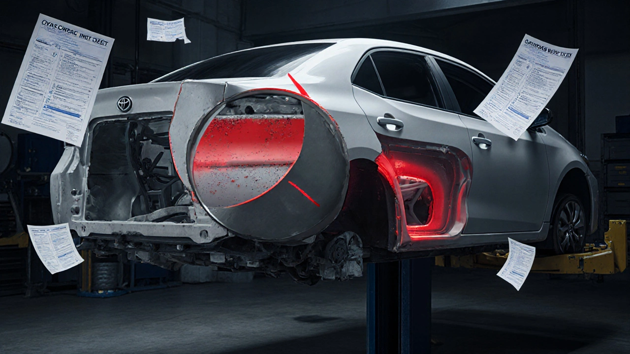 Technician inspecting a Toyota Corolla&#039;s repaired frame, red laser highlighting structural damage.