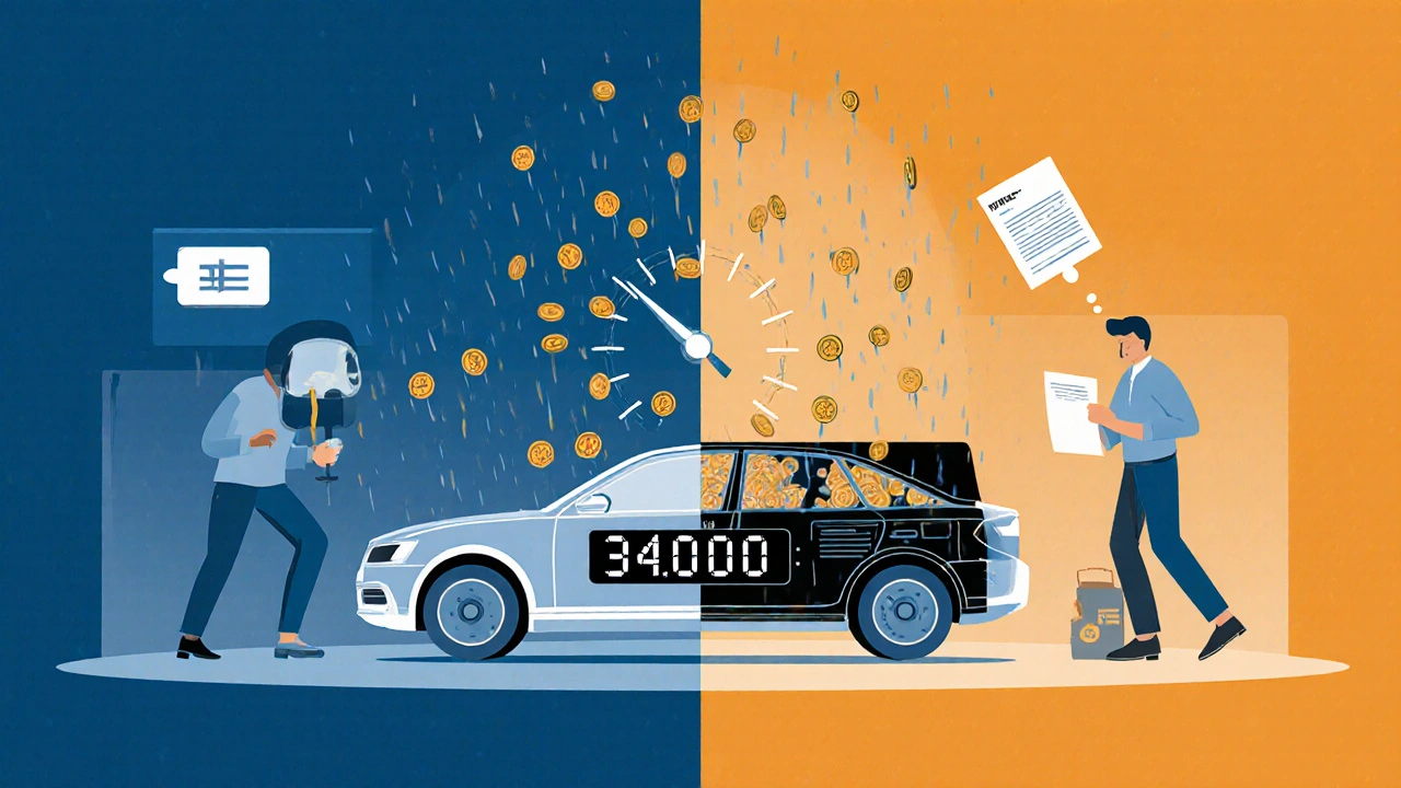 Transparent car showing mileage climbing as coins fall into a wallet.