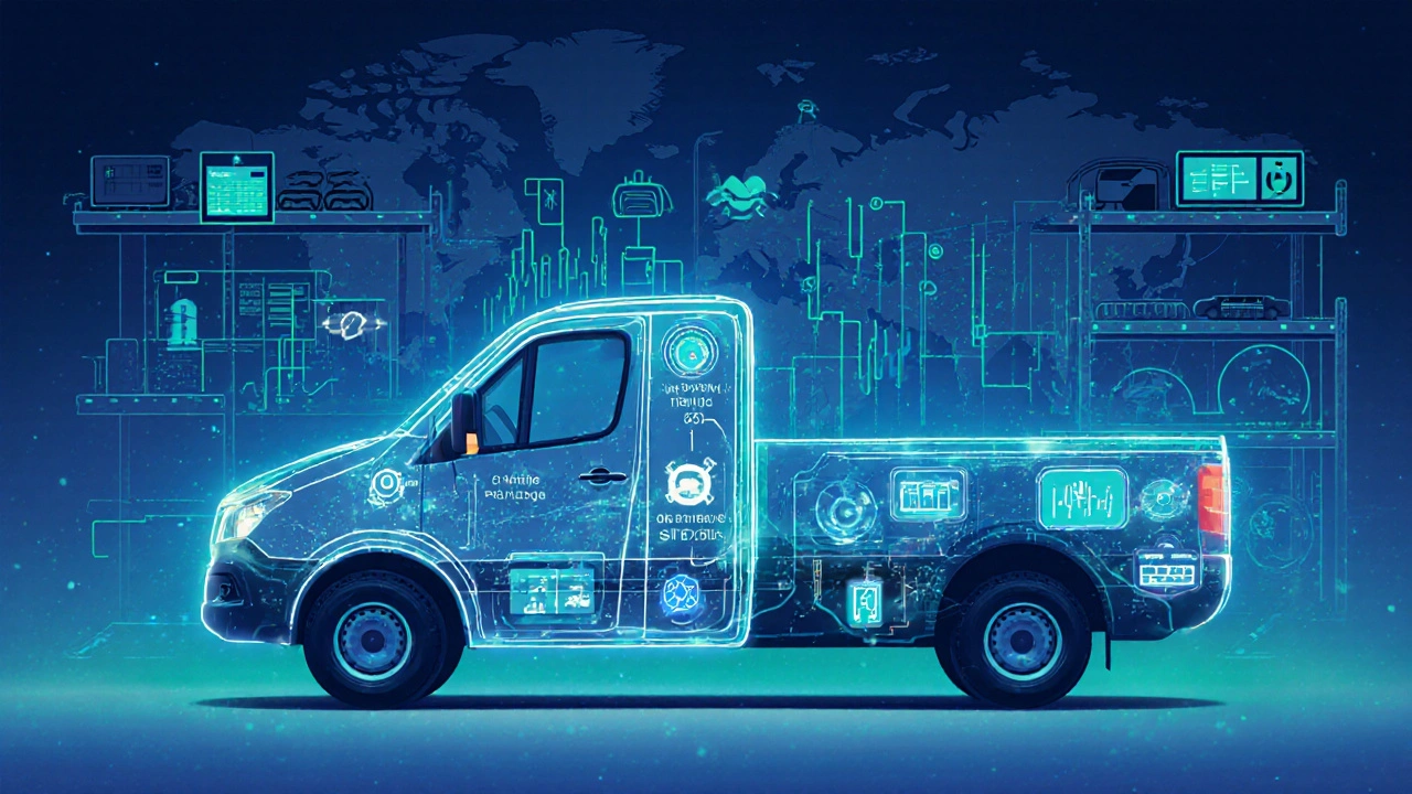 Transparent vehicle showing real-time part usage data flowing through its systems with warehouse inventory in background.
