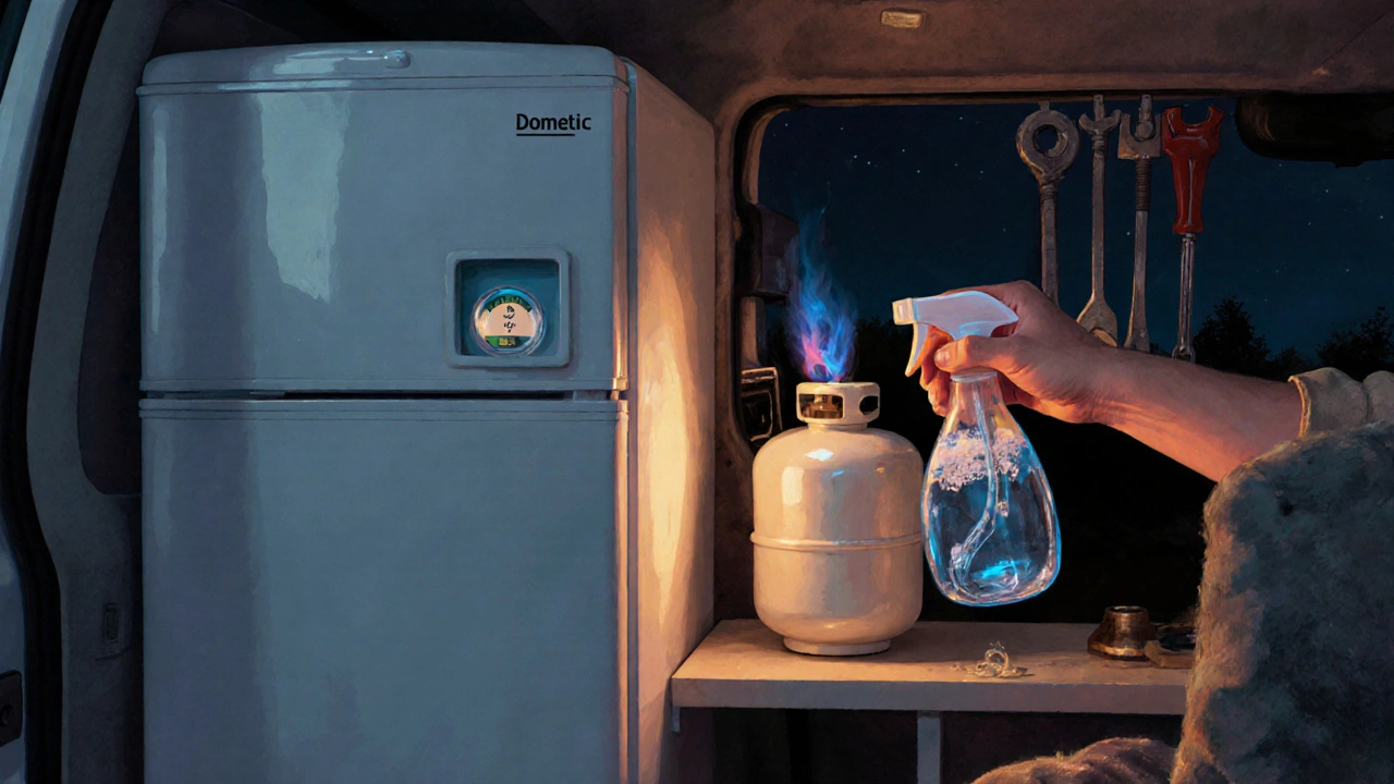 Van fridge with bubble level and blue propane flame at night.