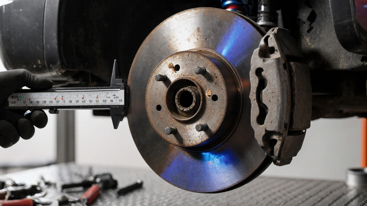 Warped brake rotor being measured with a micrometer under workshop light.