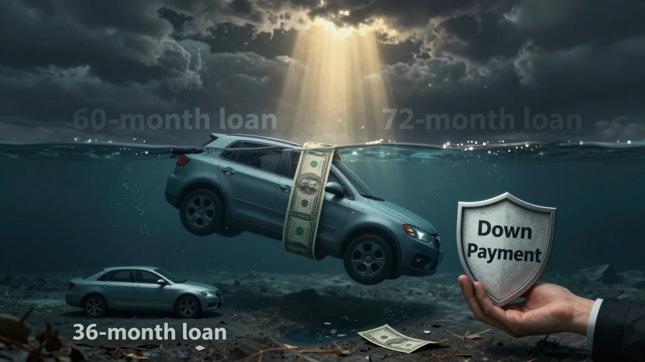 A car sinking underwater with loan terms wrapped around it, contrasted with a smaller car on land.