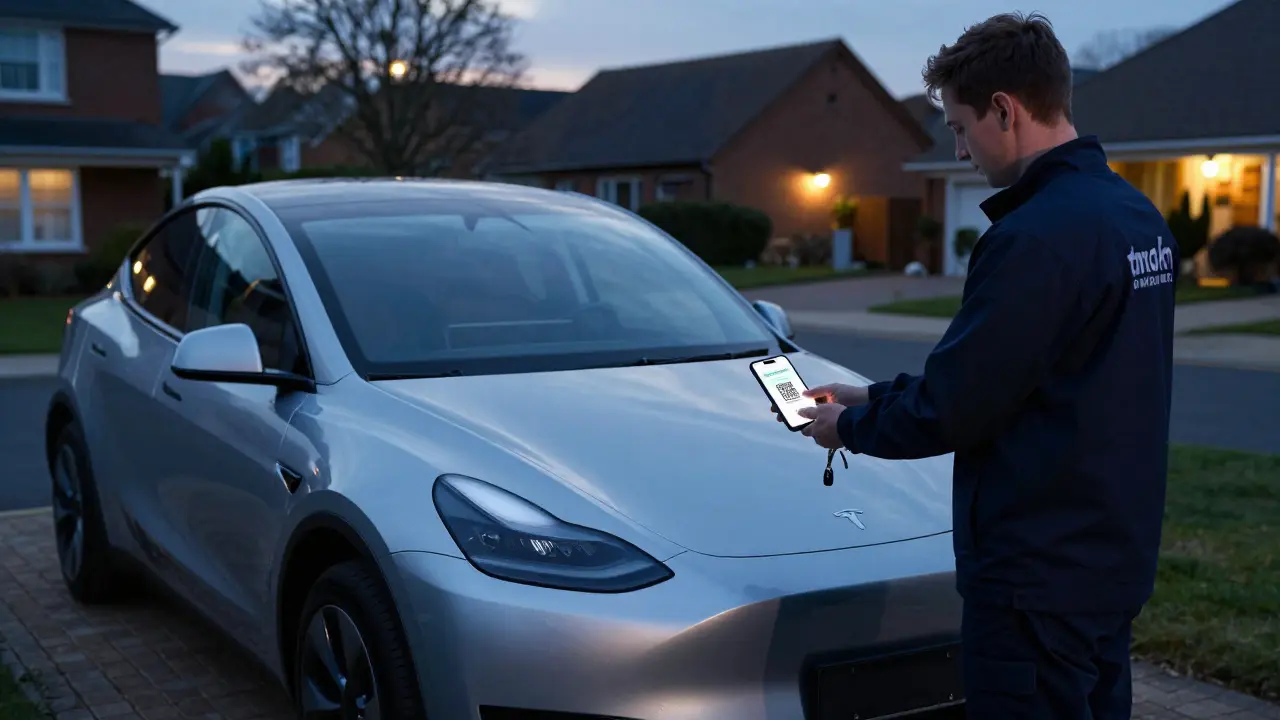 A delivery driver handing over car keys to a customer at their driveway at dusk.