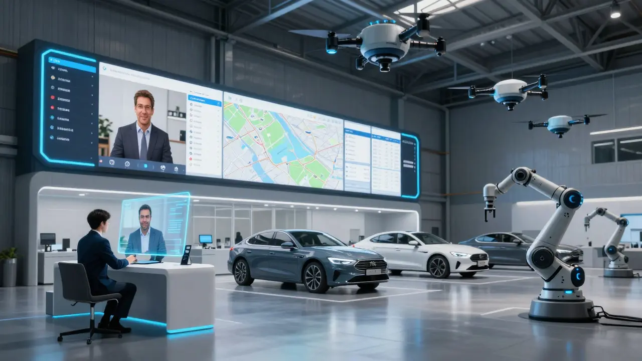 A digital dealership warehouse with screens showing real-time inventory and video consultations.