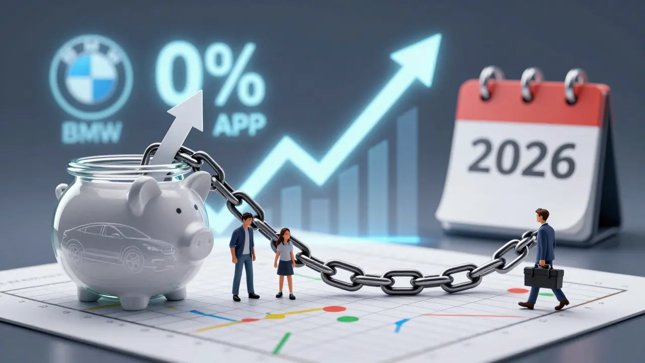 A family weighed down by a car loan chain, with rising interest rates and unreachable 0% APR offers in background.