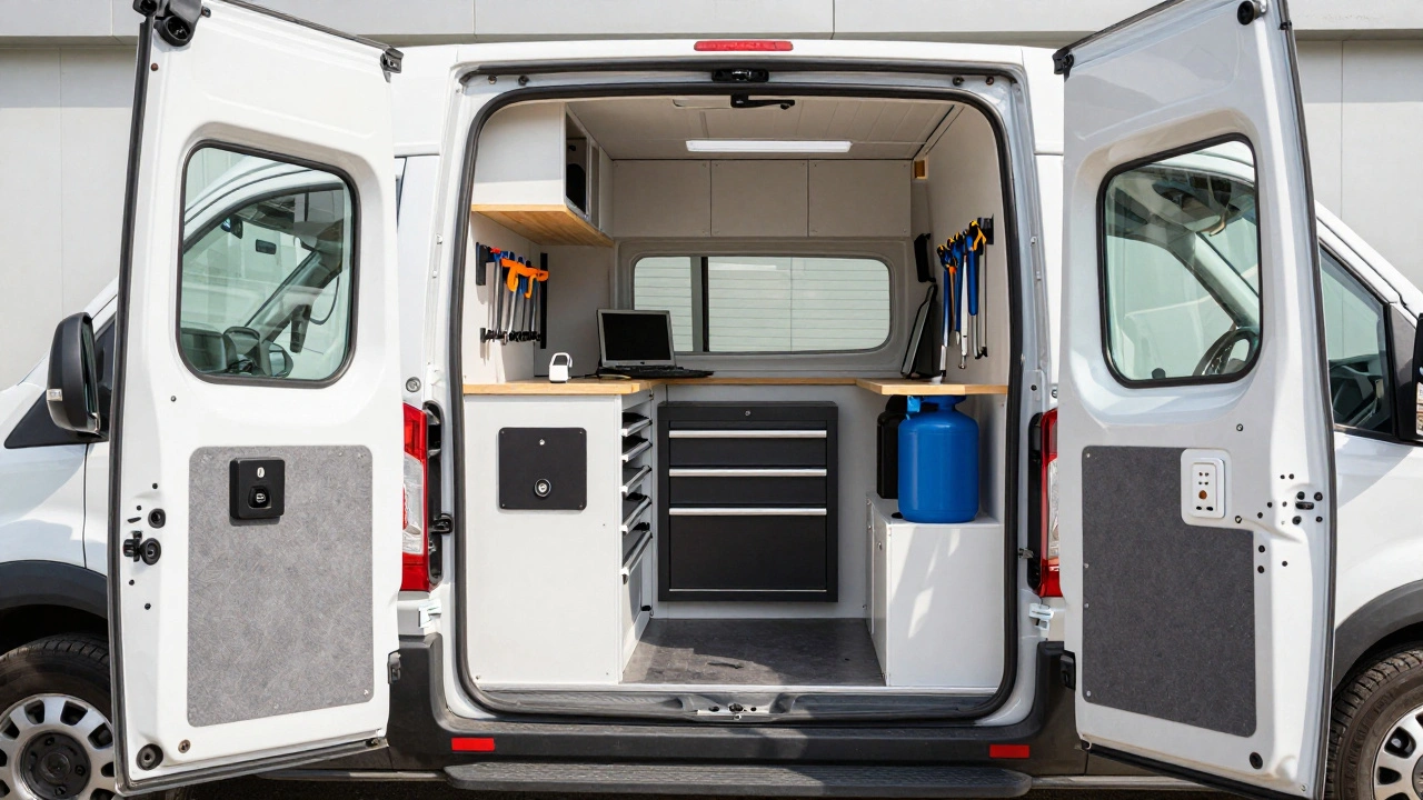 A fully upfitted commercial van interior with climate-controlled compartments, sliding shelves, and organized tools for a mobile technician.