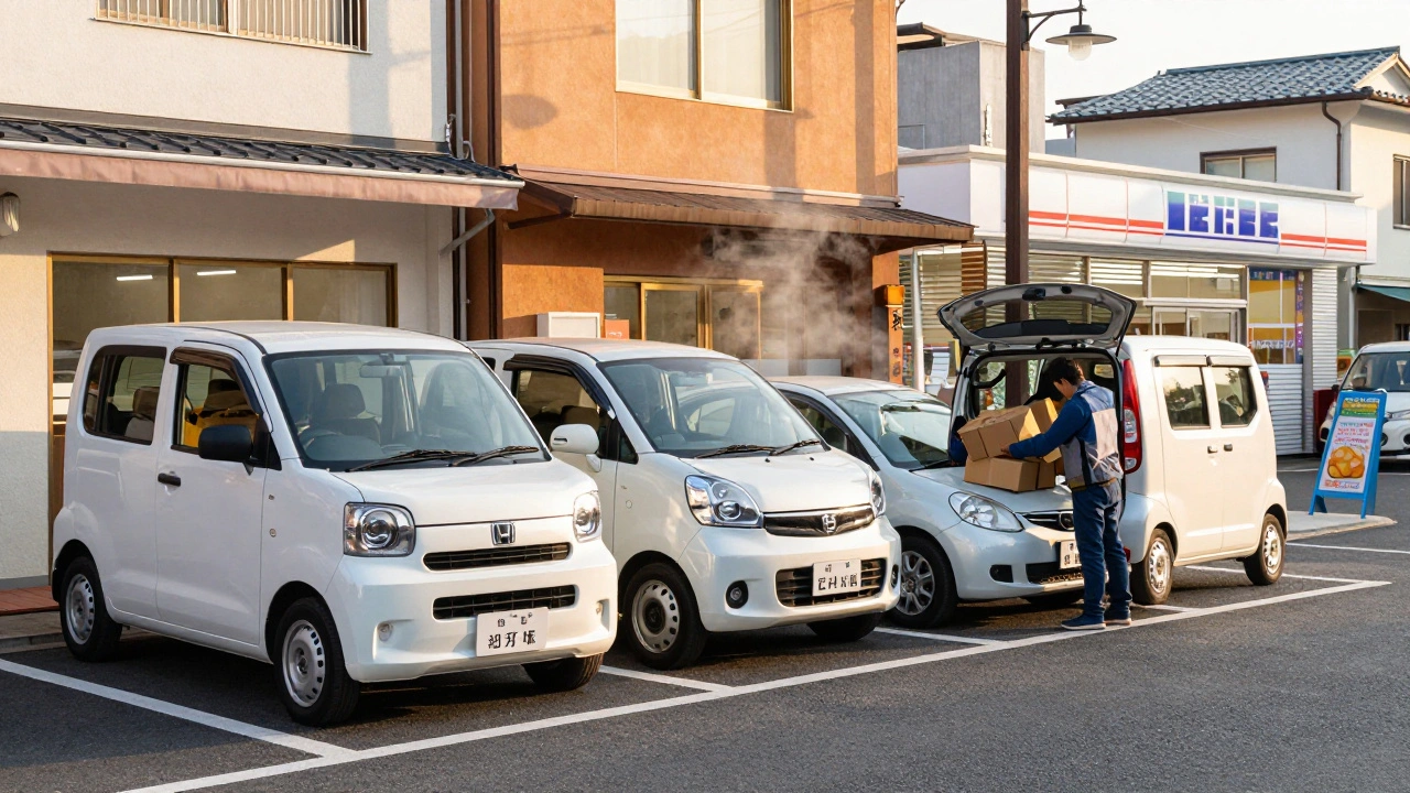 A row of colorful Japanese kei cars parked near a convenience store at dawn, with a delivery worker unloading packages.