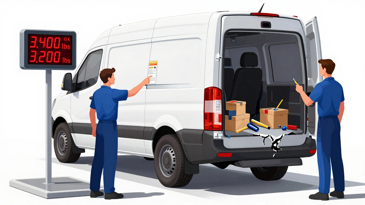 A van being weighed on a scale with tools spilling out and a damaged rear spring visible underneath.