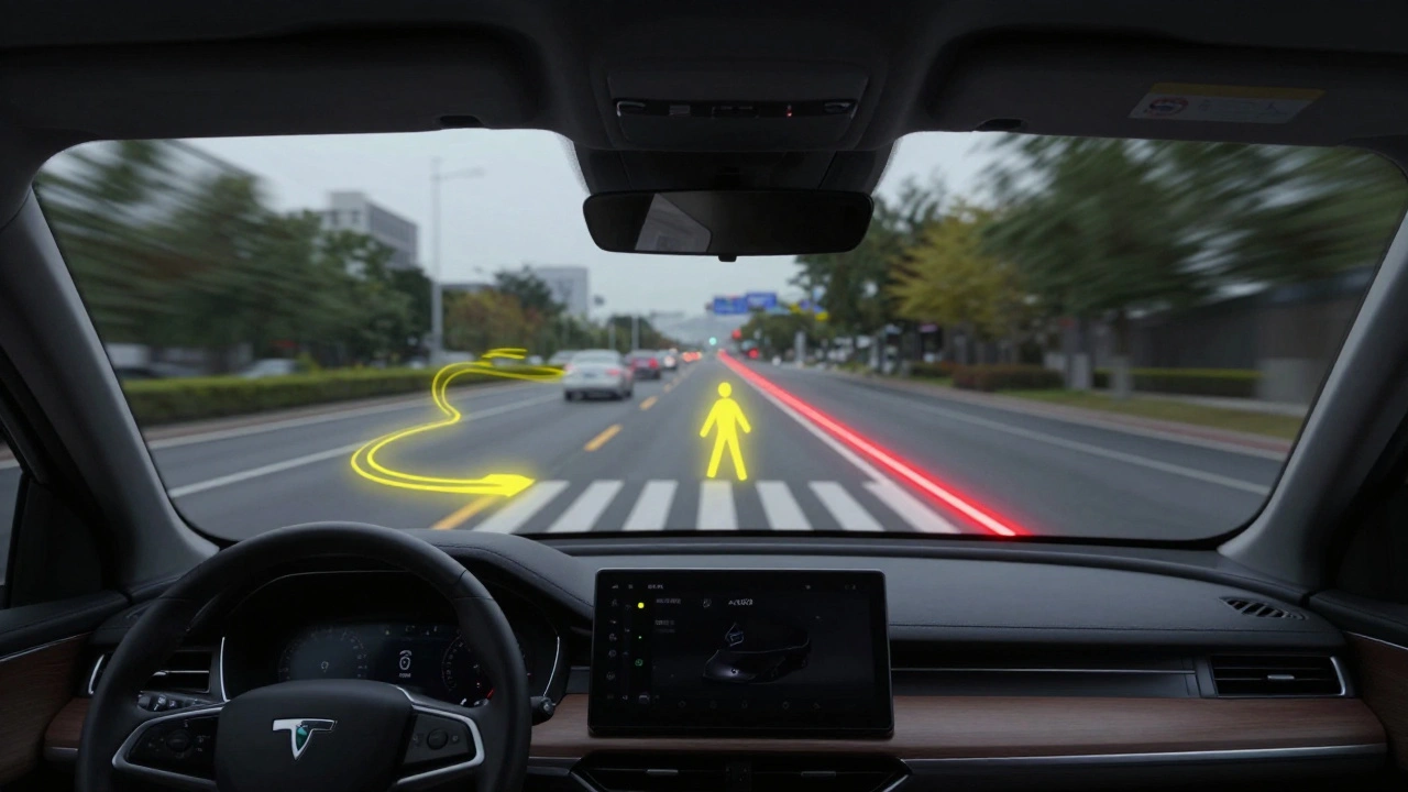 An AR HUD shows a pulsing yellow outline around a pedestrian and a red lane-edge warning during driving.