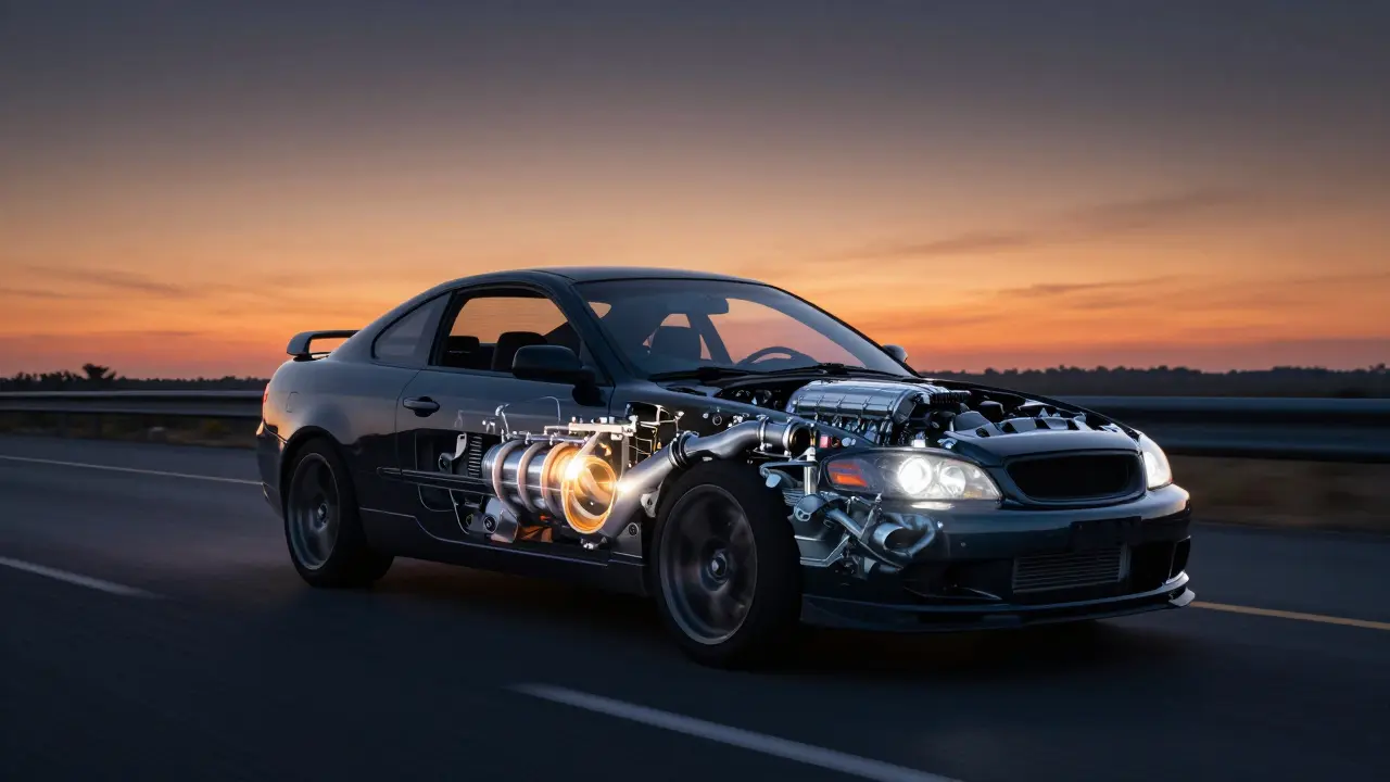 Car speeding on highway at dusk with transparent engine overlays showing efficient versus restricted airflow.