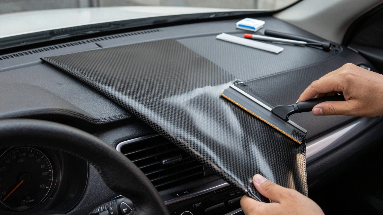 Carbon fiber vinyl wrap being applied to a cracked car dashboard
