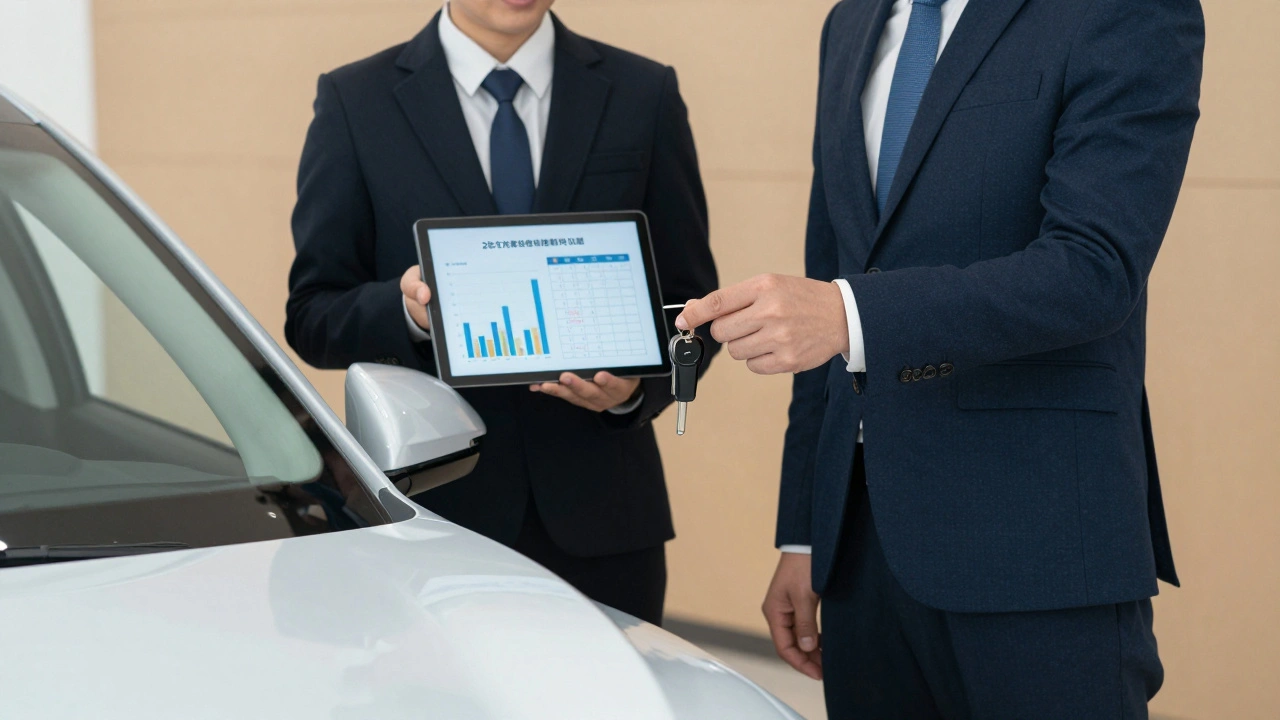 Company director handing leased electric car keys to employee while accountant shows tax savings.