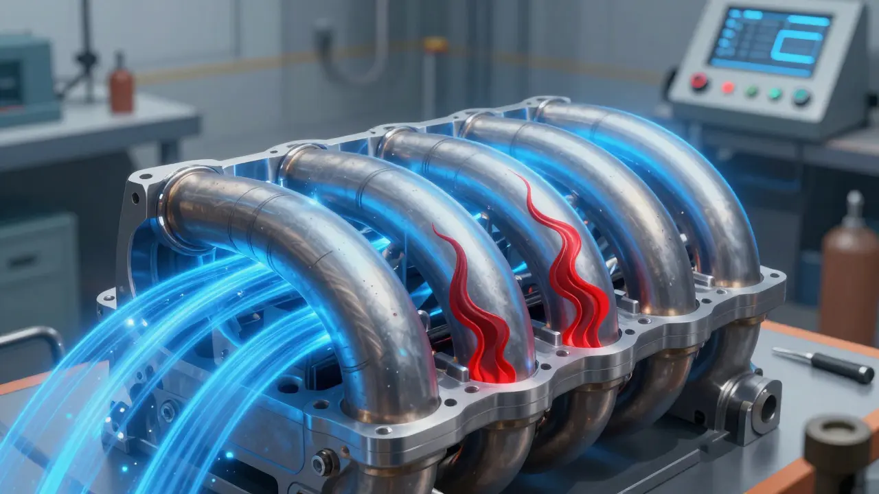 Cross-section illustration of airflow through optimized intake runners versus restricted stock channels.