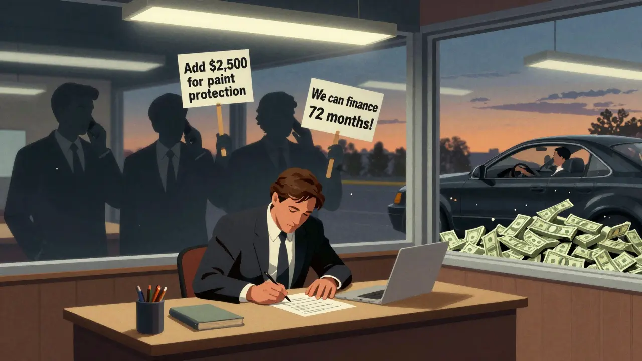 Customer signing car papers as salespeople push add-ons in a brightly lit dealership showroom.