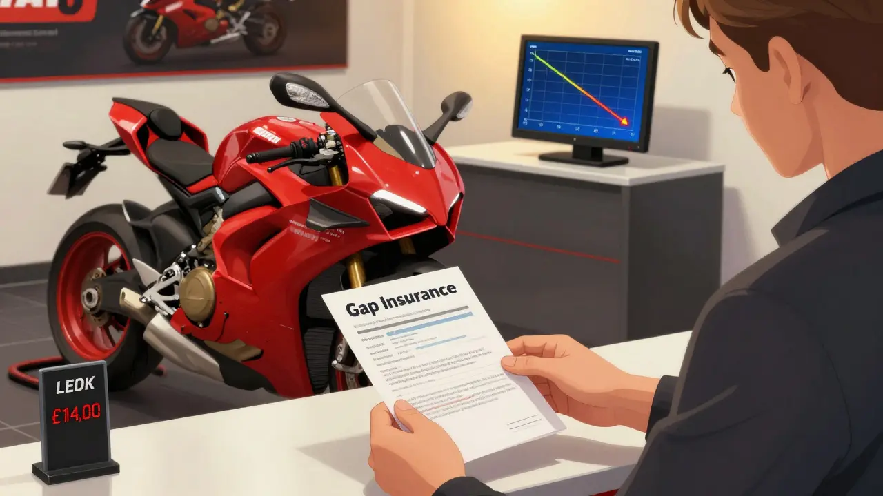 Dealership counter with a new motorcycle and gap insurance policy being handed over.