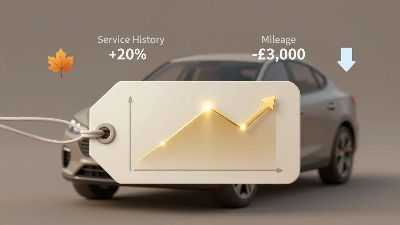 Digital price graph floating above a car, showing market adjustments for mileage and service history.