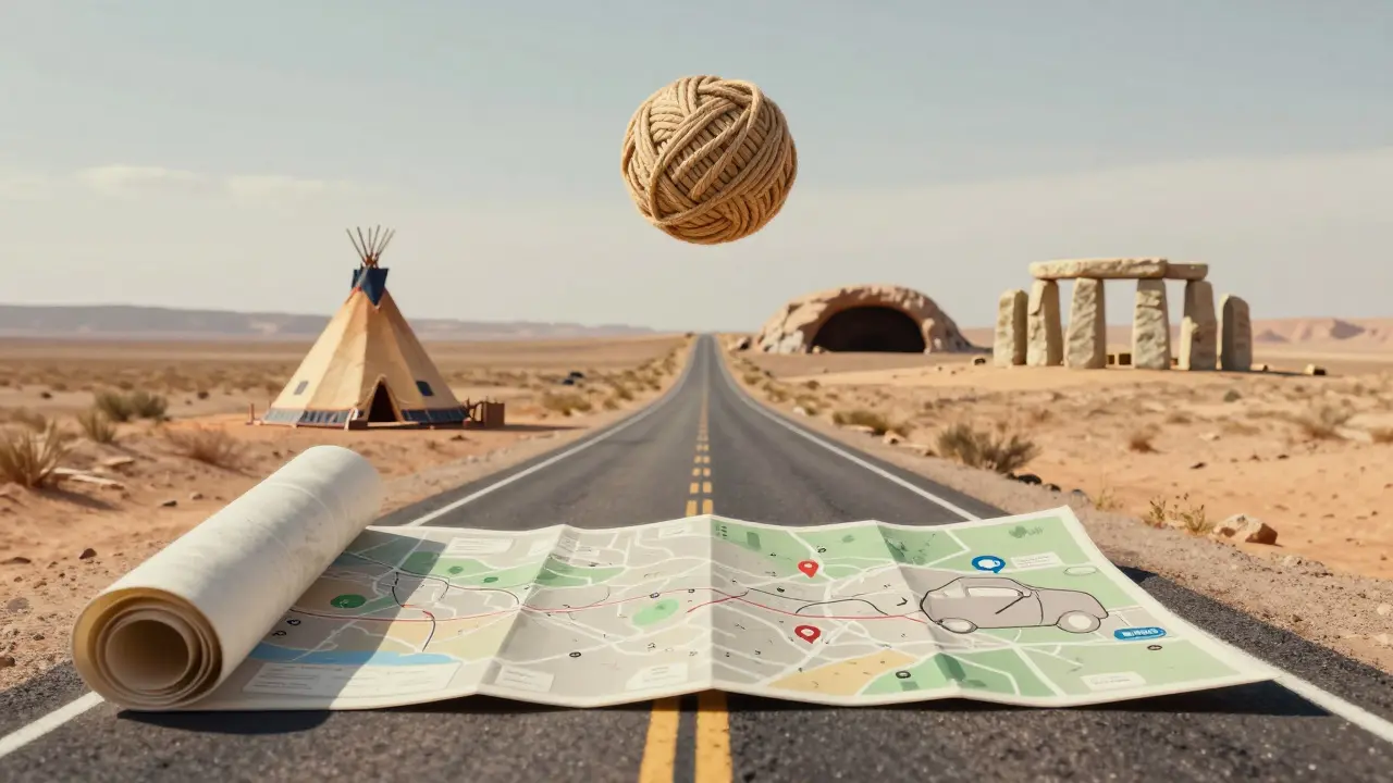 Dreamlike map showing quirky roadside attractions scattered across a desert landscape.