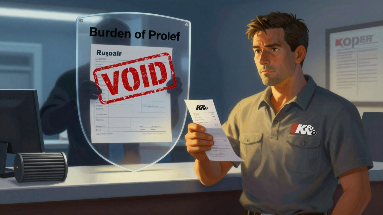 Driver holding aftermarket part receipt while a dealership figure tries to block repair with a &#039;VOID&#039; stamp, shielded by &#039;Burden of Proof&#039;.