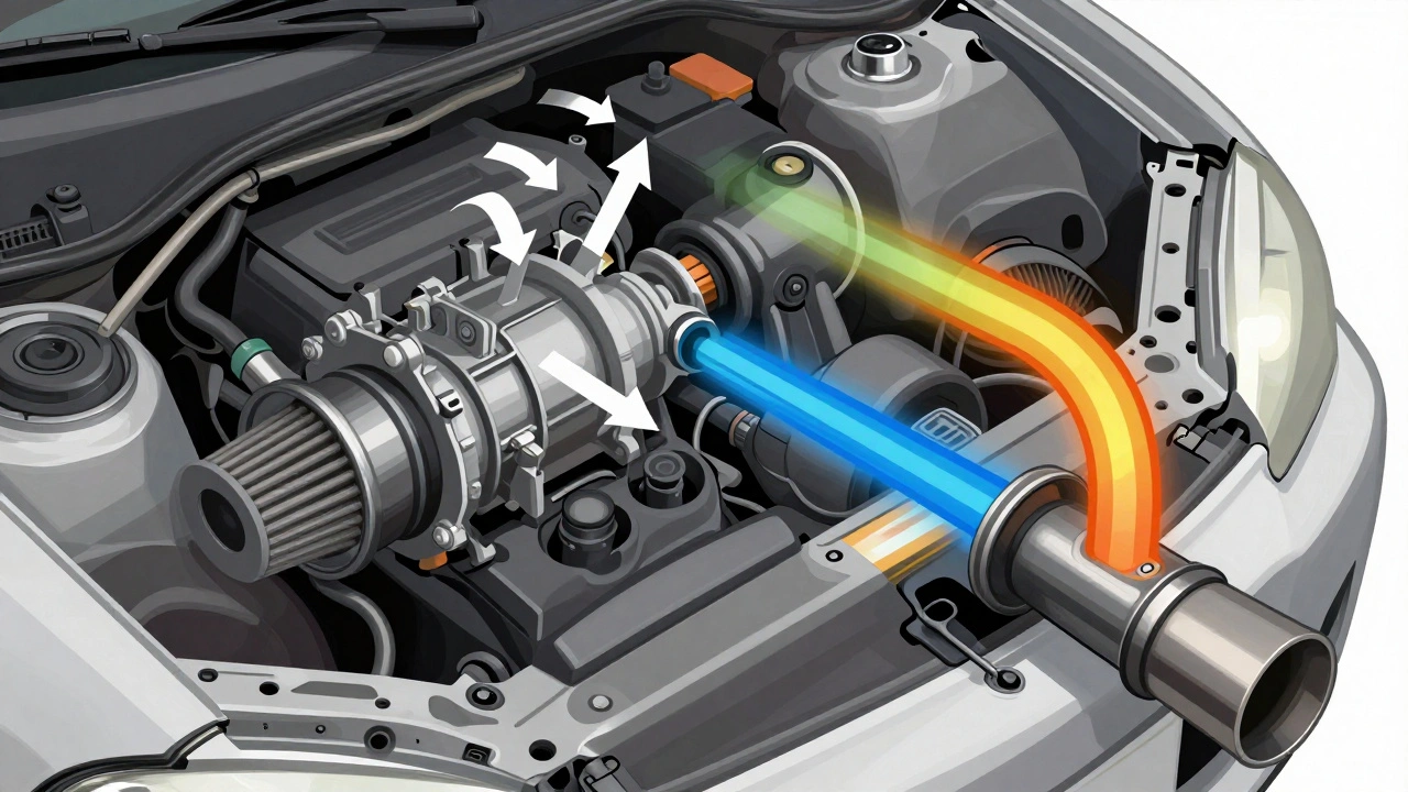Engine diagram showing MAF sensor in air intake and O2 sensor in exhaust with flow indicators.