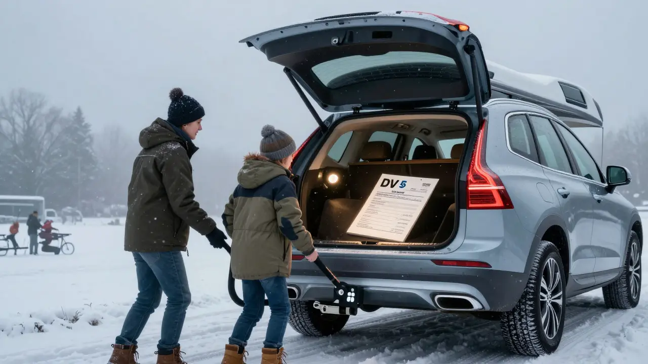 Family loading a caravan at night with certified hitch, snow falling, extended mirrors visible.