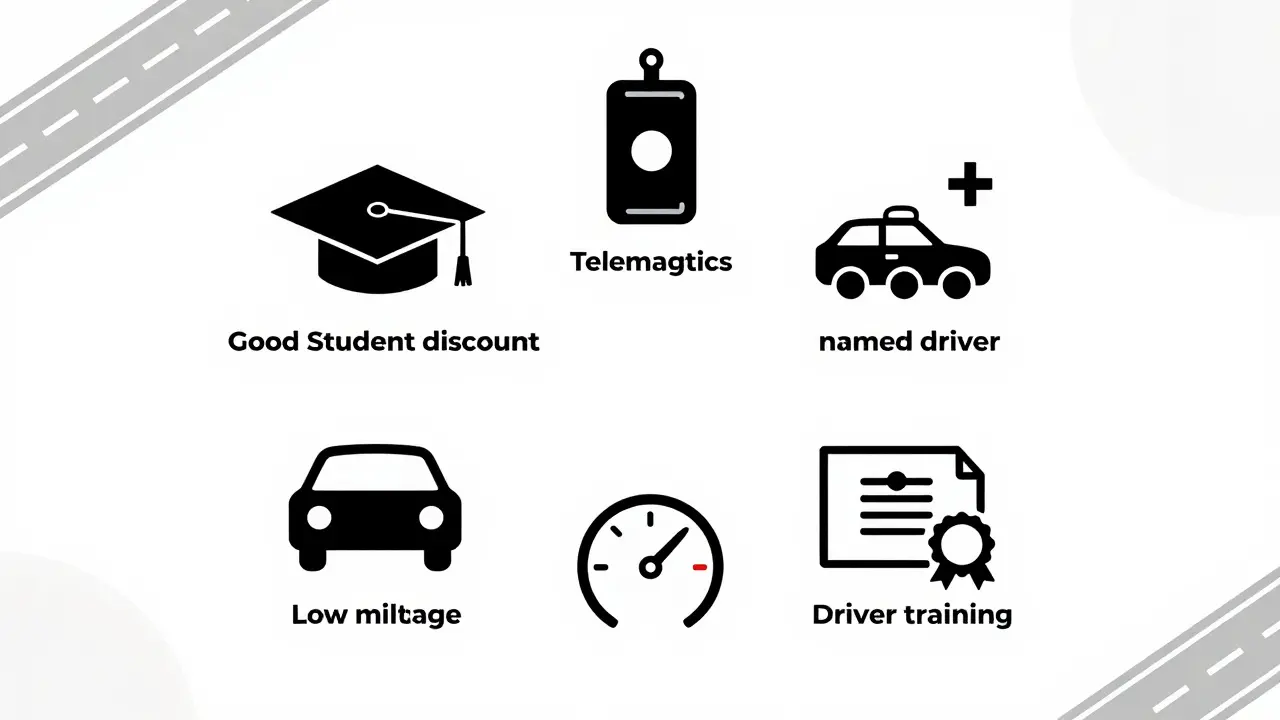 Five icons representing student car insurance discounts: graduation cap, black box, family car, mileage gauge, diploma.
