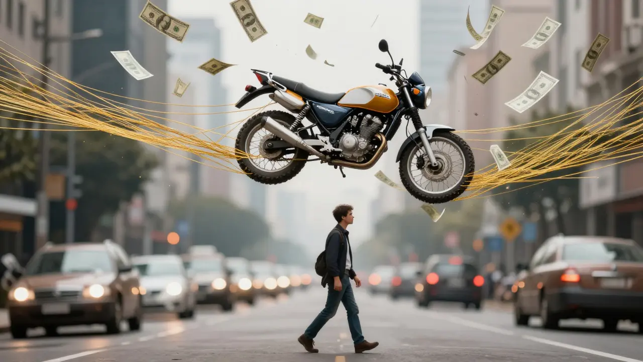 Golden safety net catching falling loan documents beneath a crashing motorcycle.