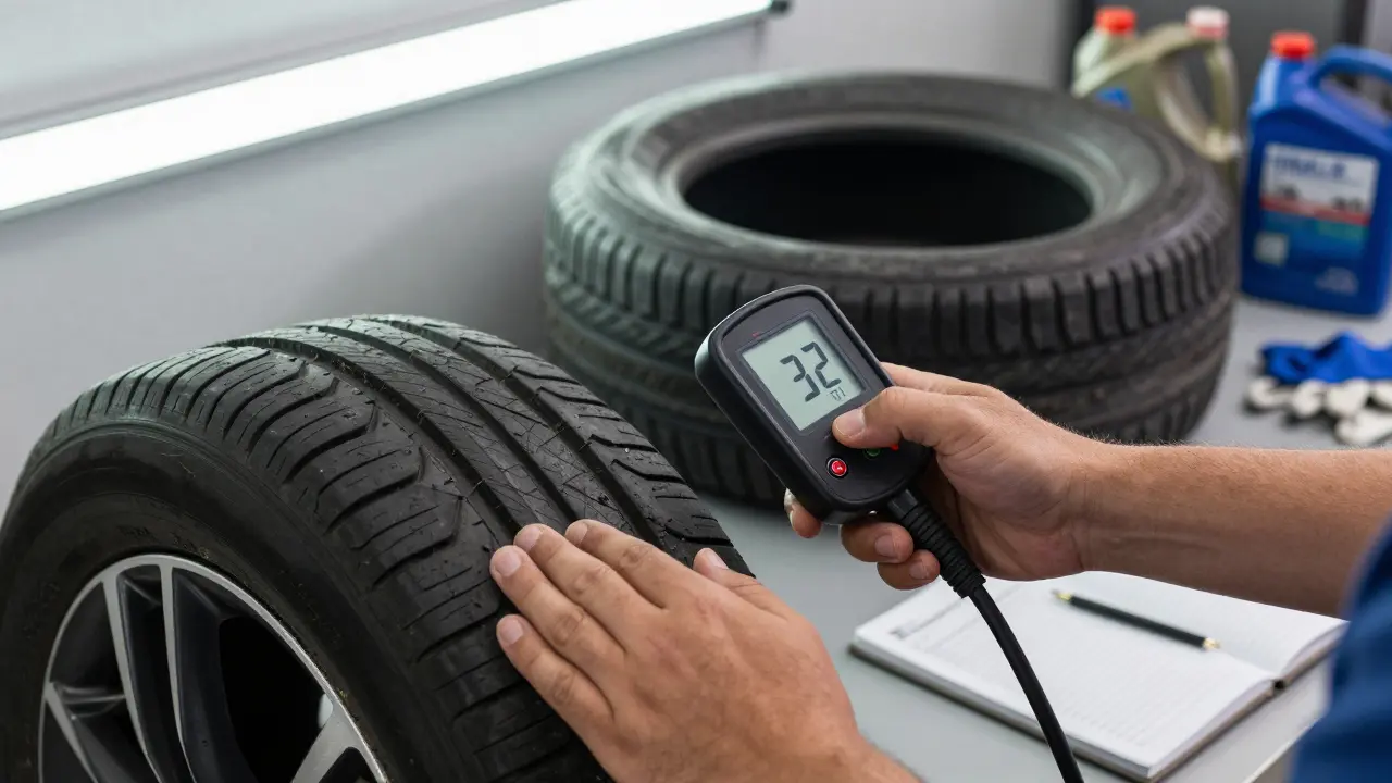 Hands checking tire pressure with digital gauge on car tire
