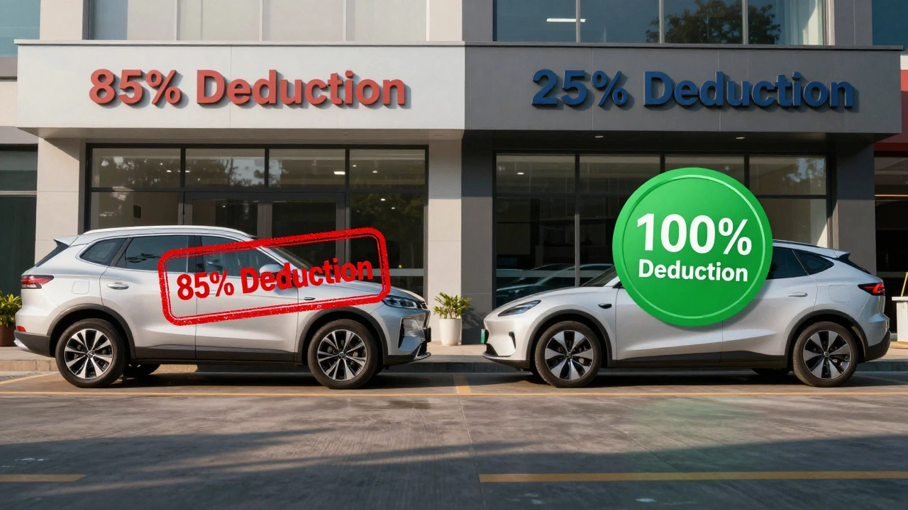 High-emission SUV with 85% deduction stamp versus zero-emission car with 100% deduction badge.