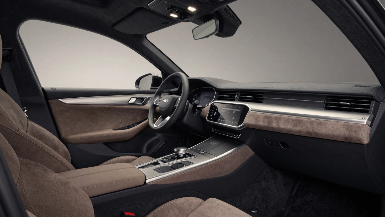 Luxurious car interior with suede panels, aluminum trim, and acoustic headliner