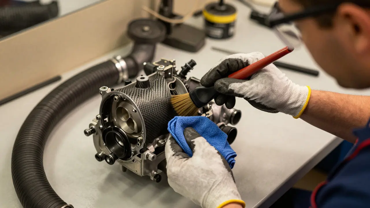 Mechanic carefully cleaning a throttle body with a brush and cloth in a garage.