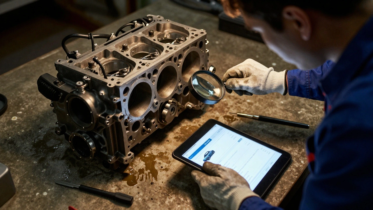 Mechanic inspecting engine block VIN with magnifying glass and tablet.