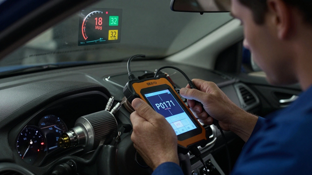 Mechanic scanning car code while reinstalling cleaned MAF sensor in garage.