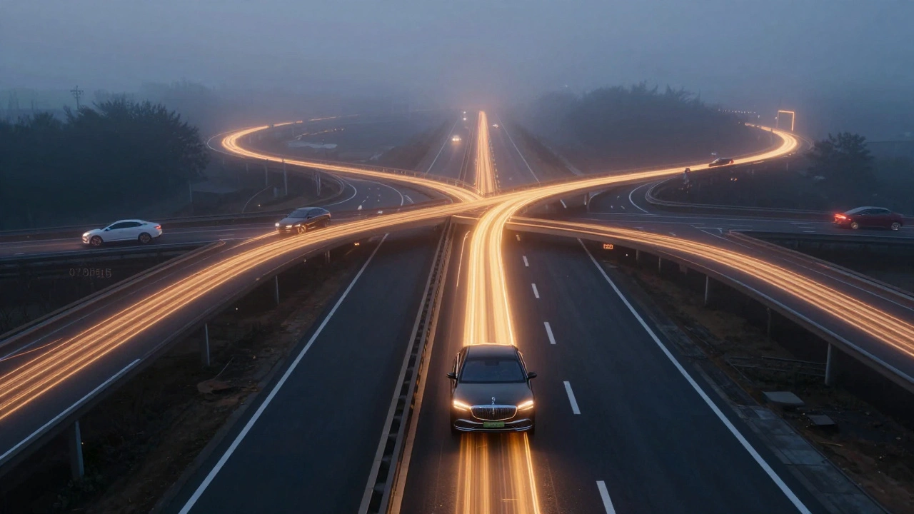Multiple glowing lane paths extend from a car at a highway interchange, guiding the driver with holographic precision.