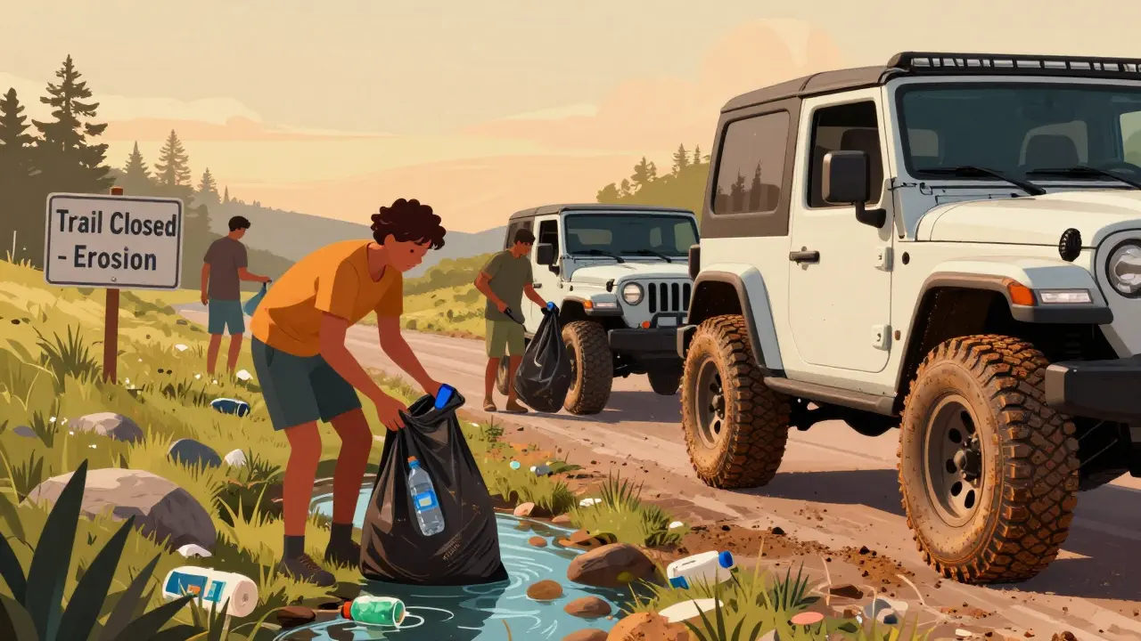 Off-roaders cleaning trash from a trailside stream, preparing to leave the area spotless after their adventure.