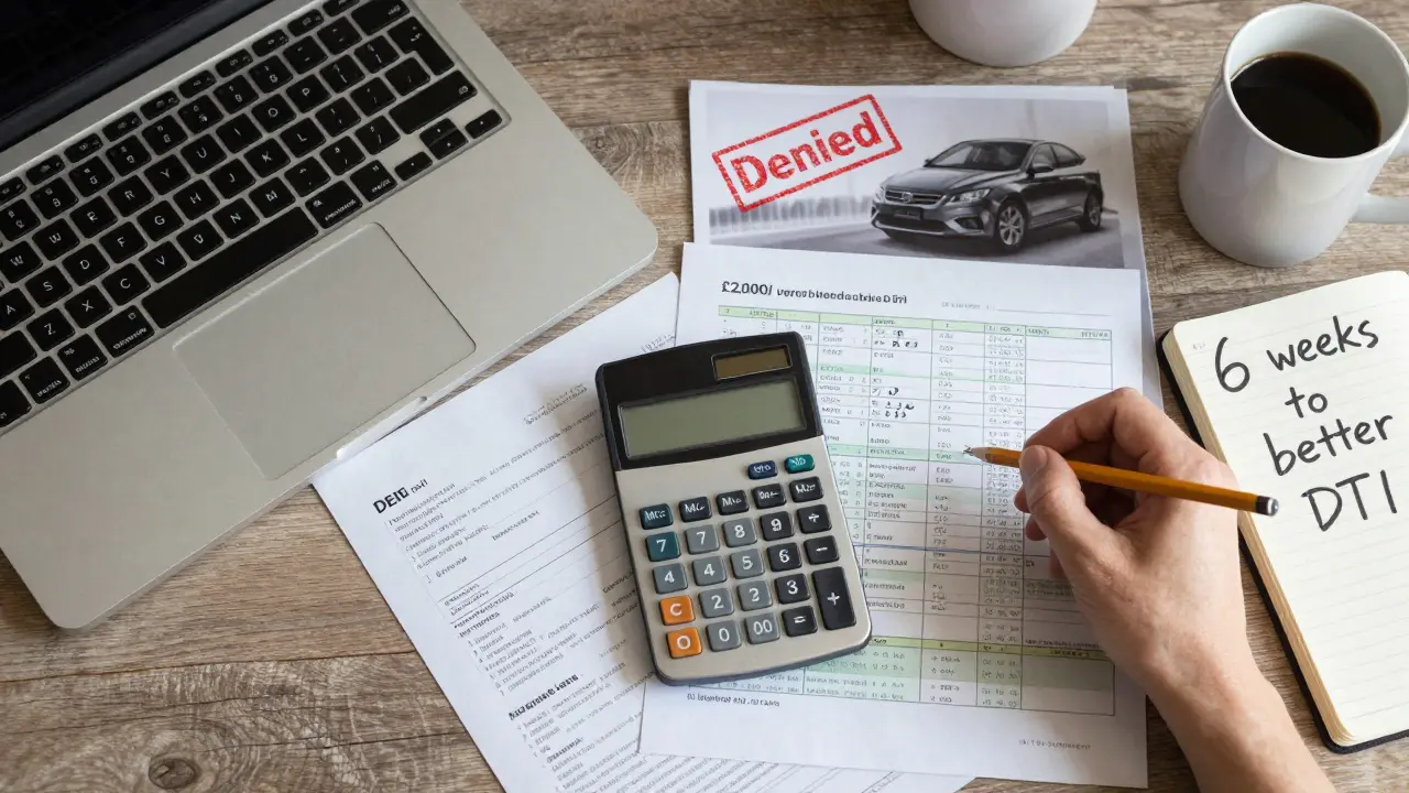 Overhead view of DTI calculator, pay stub, debt statements, and car brochure with denied stamp on kitchen table.