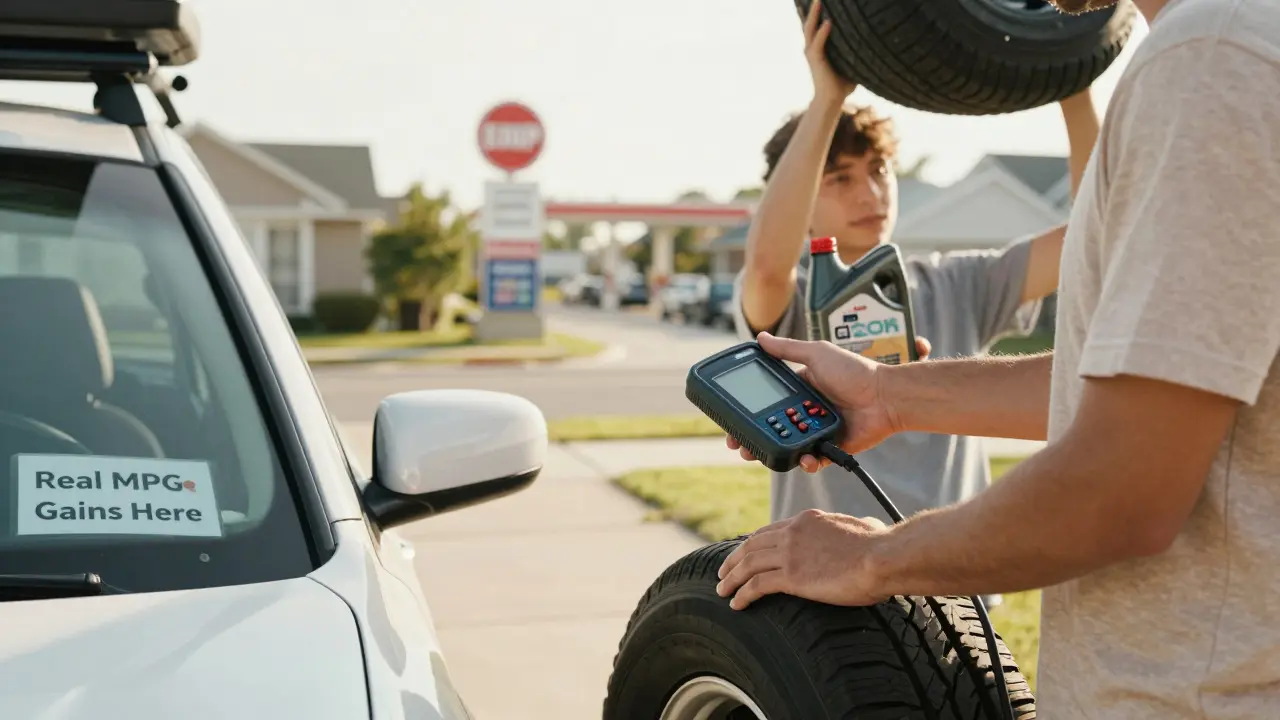 Person checking tire pressure, removing roof carrier, and holding motor oil under morning sunlight.