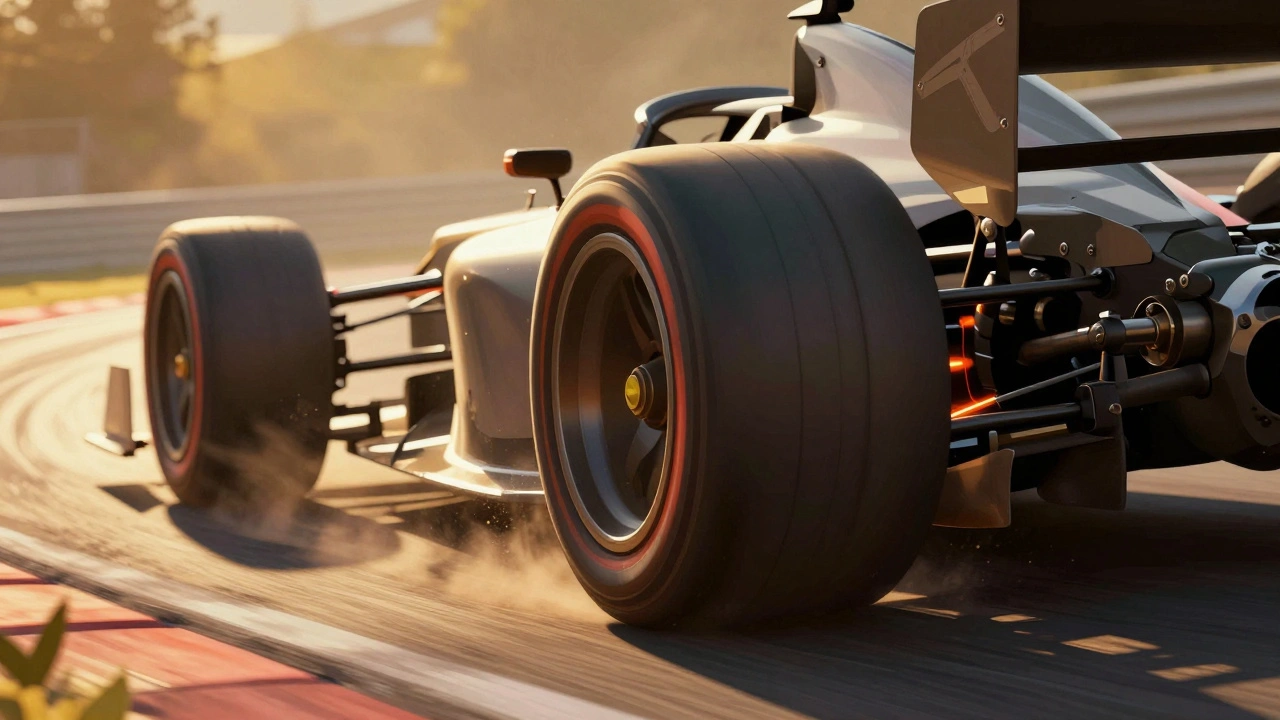 Race car cornering with glowing slotted rotors and high-performance tires on track.