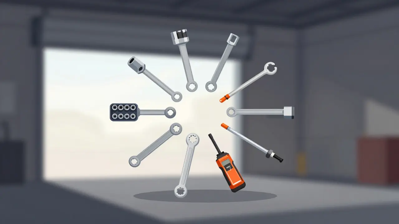 Radial layout of basic car tools growing into advanced tools, symbolizing DIY skill development.